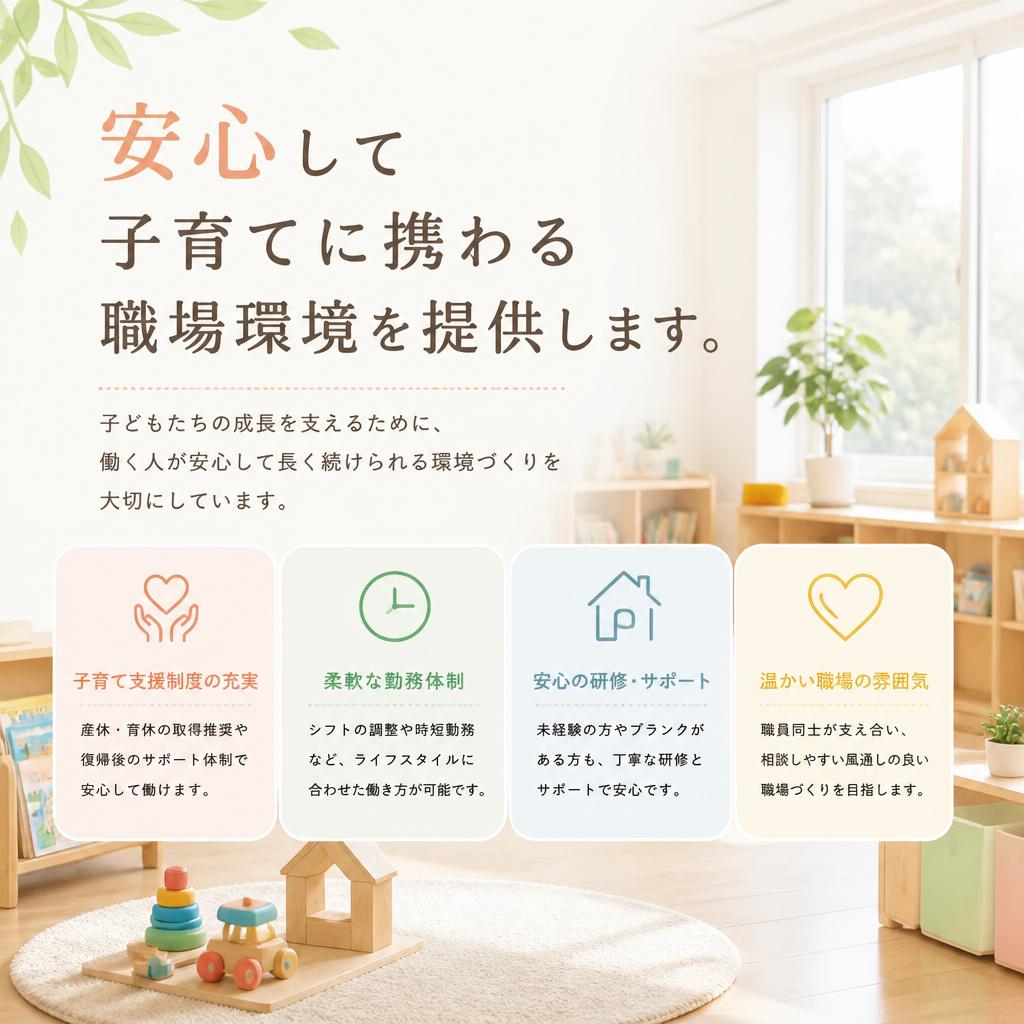 安心して子育てに携わる職場環境を提供します。